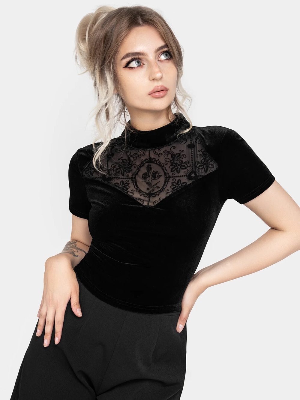 NWT Disturbia Cameo Floral Flocked Mesh Velour High Neck Top Black US10 / UK14